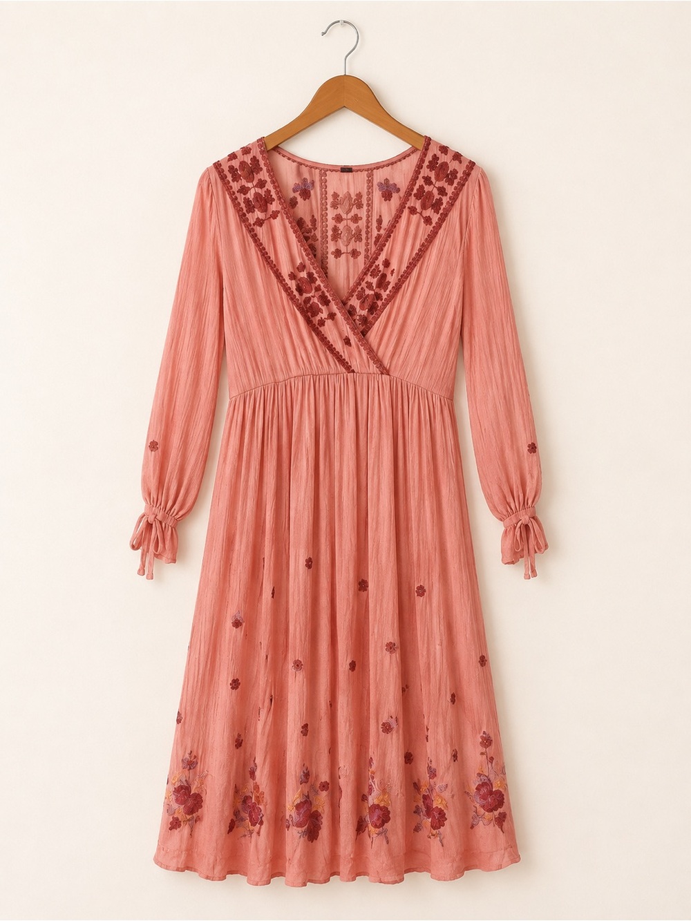Free People Coral Pink Embroidered Midi Dress